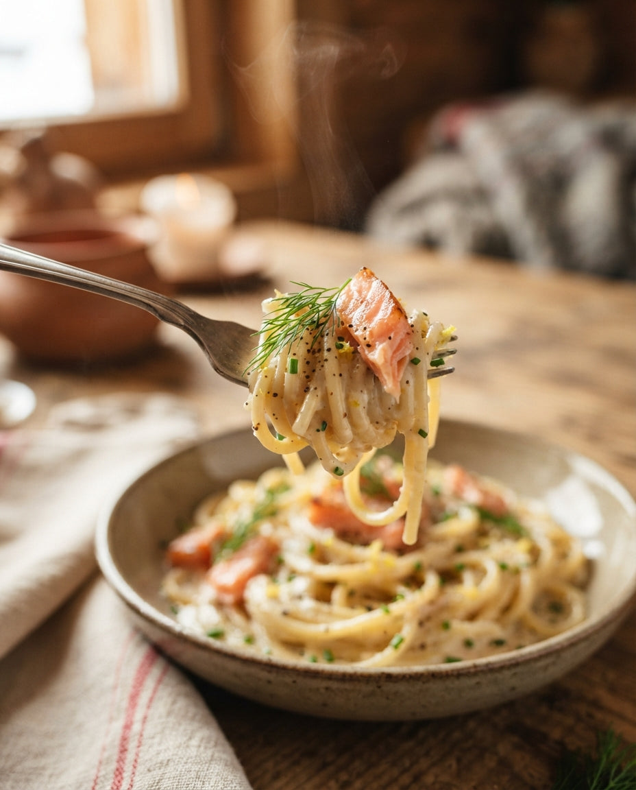 Zitronen-Spaghettini mit Räucherlachs – Detailaufnahme
