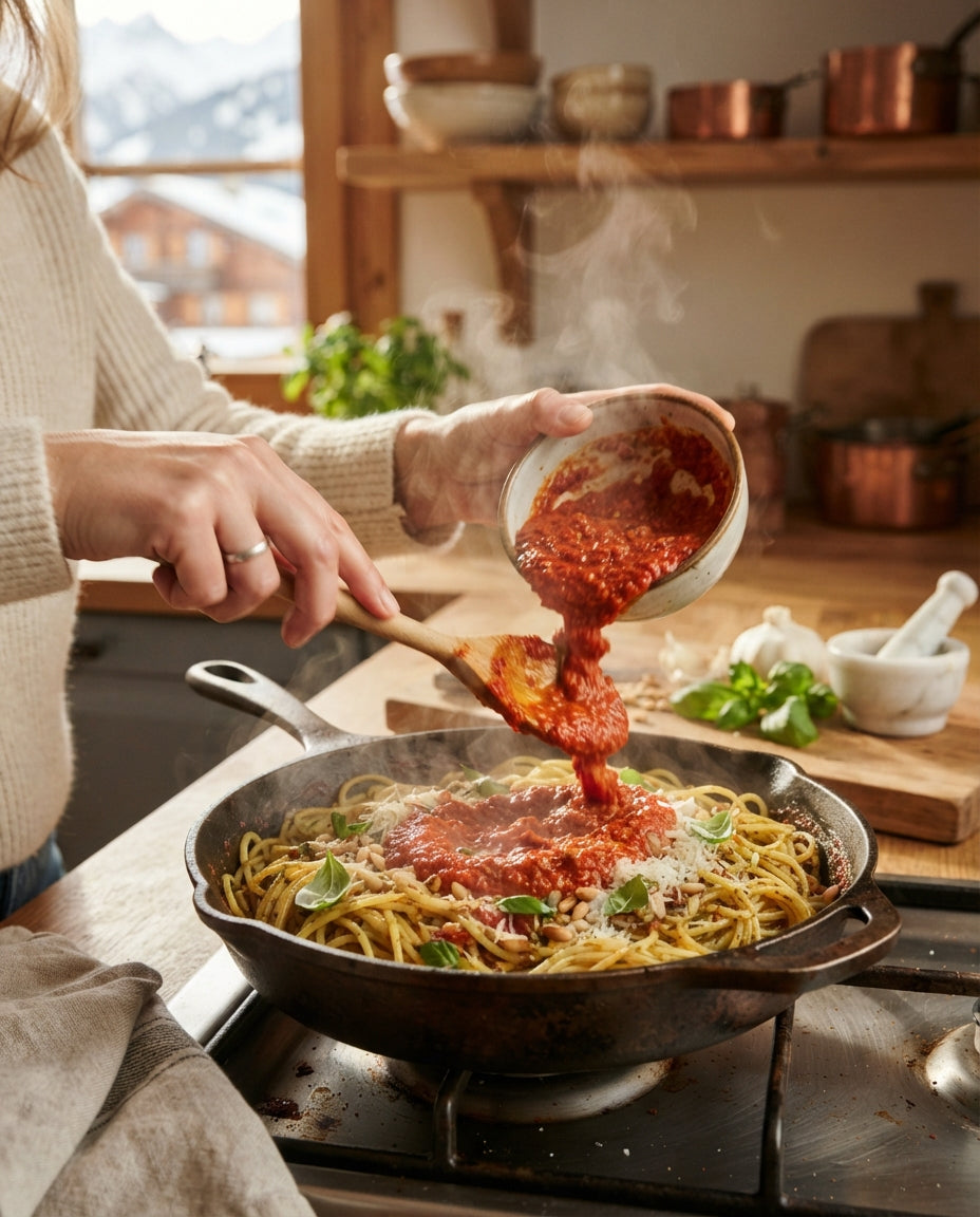 Spaghettini mit geröstetem Peperoni-Pesto – Zubereitung
