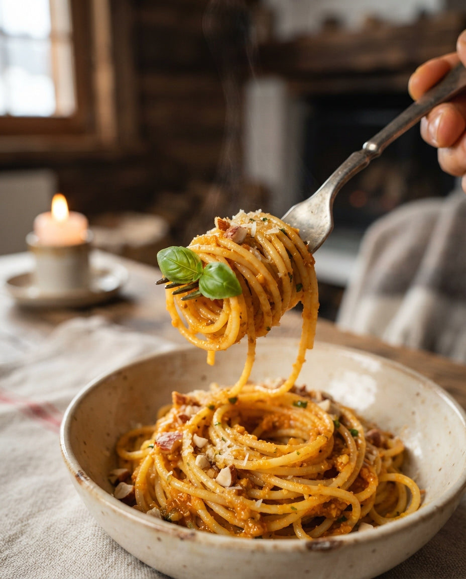 Spaghettini mit geröstetem Peperoni-Pesto – Detailaufnahme