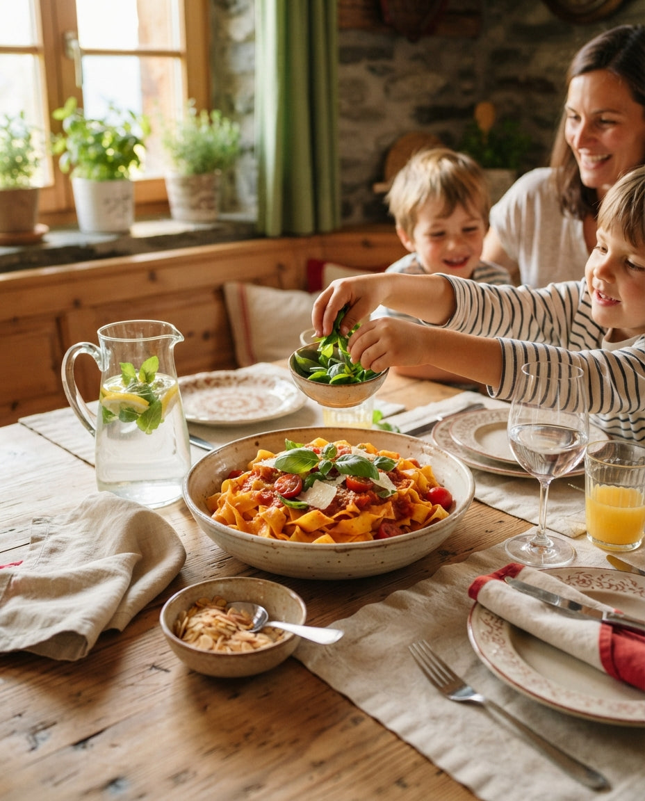 Spaghettini mit geröstetem Peperoni-Pesto – gemeinsam am Tisch
