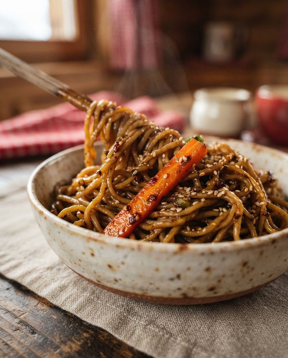 Gemüse-Chow-Mein mit Spaghettini – Detailaufnahme