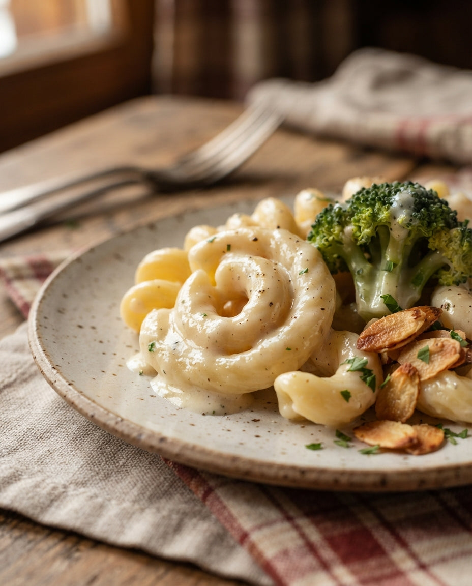 Bio-Spiralen mit Broccoli-Mandel-Rahm – Detailaufnahme