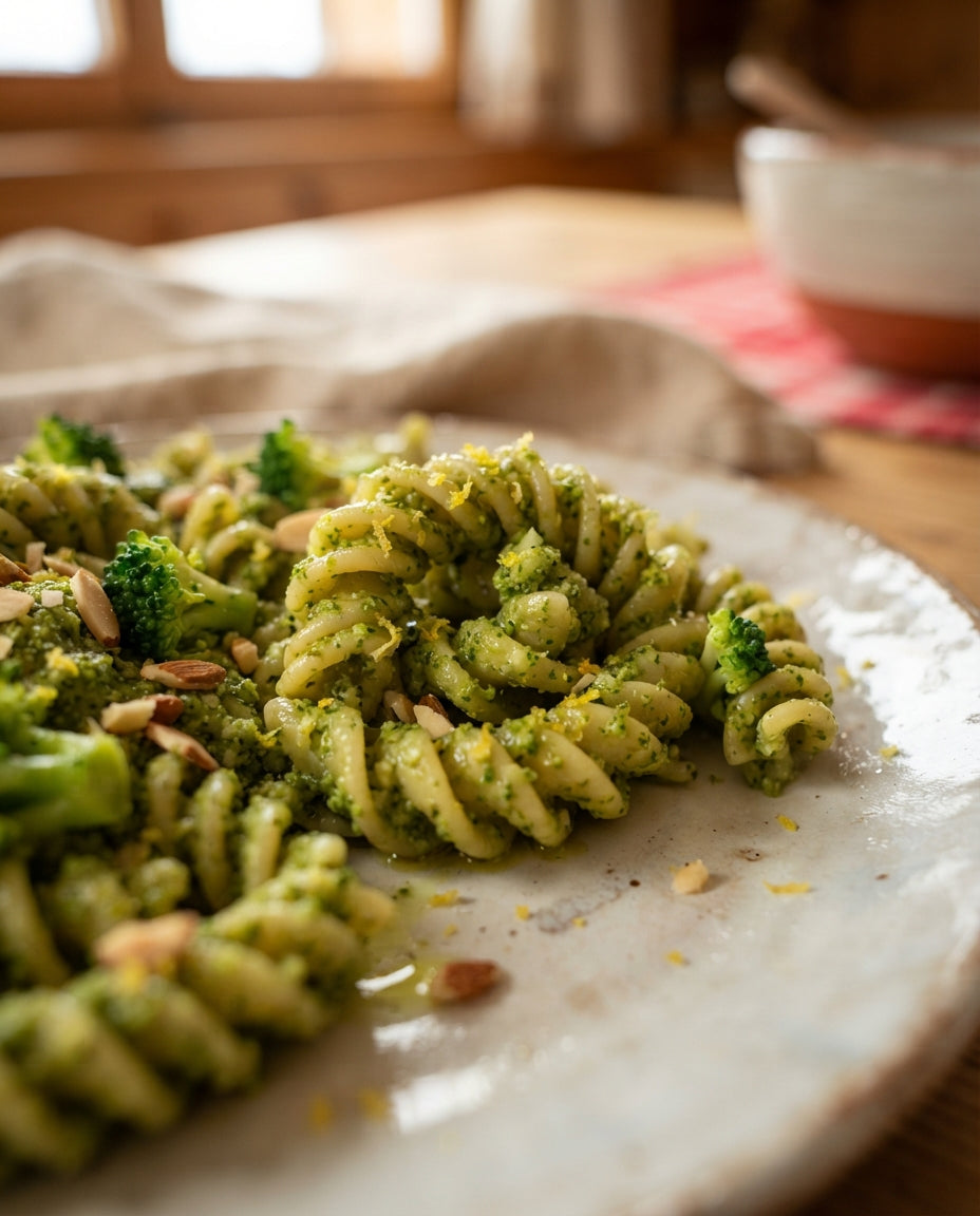 Spiralen mit Broccoli, Zitrone und Mandelknusper – Detailaufnahme