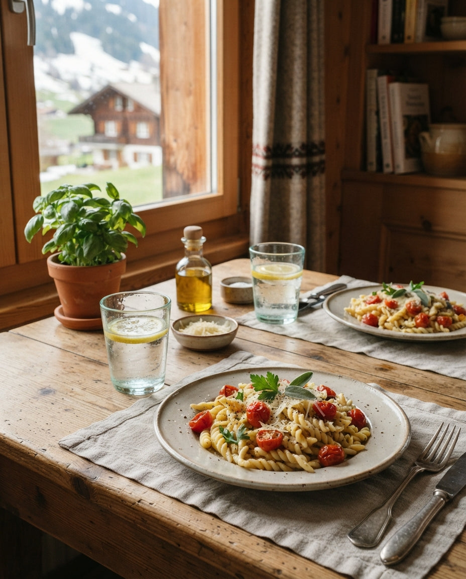 Spiralen mit Broccoli, Zitrone und Mandelknusper – gemeinsam am Tisch