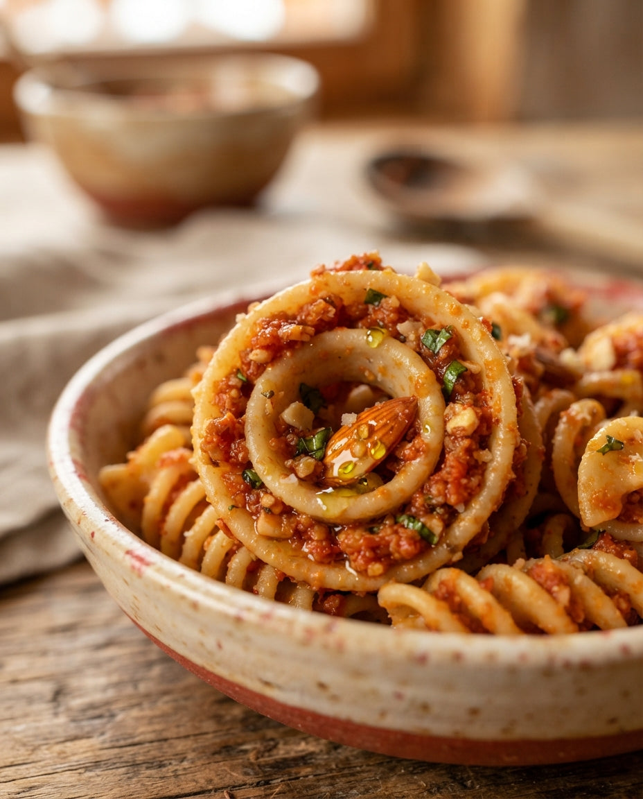 Spiralen mit Tomaten-Mandel-Pesto – Detailaufnahme