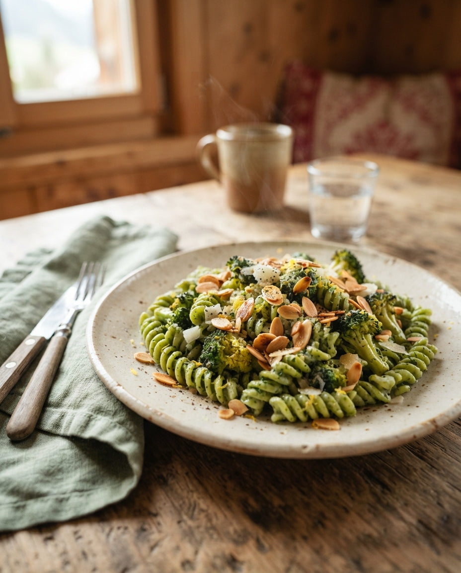 Rezept: Spiralen mit Broccoli, Zitrone und Mandelknusper