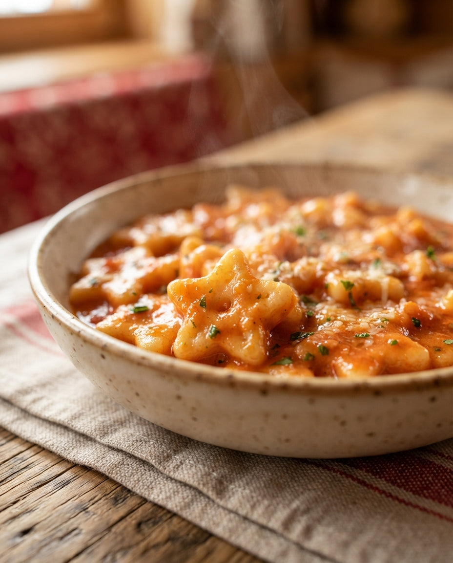 Cremige Sternli-Pastina mit Tomate – Detailaufnahme