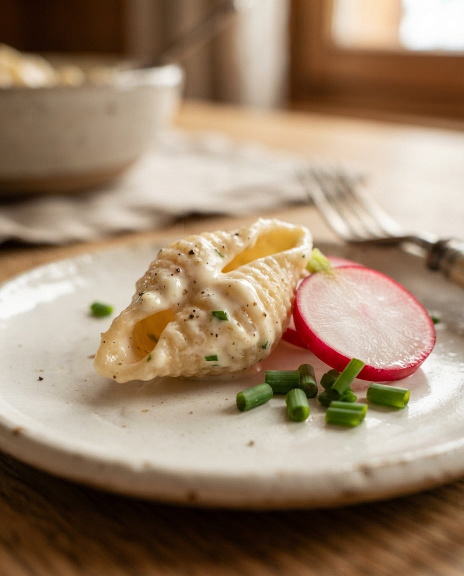 Feiner Hörnli-Salat, vegan gedacht – Detailaufnahme