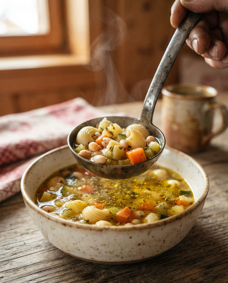 UrDinkel-Müscheli-Minestrone aus einem Topf – Detailaufnahme