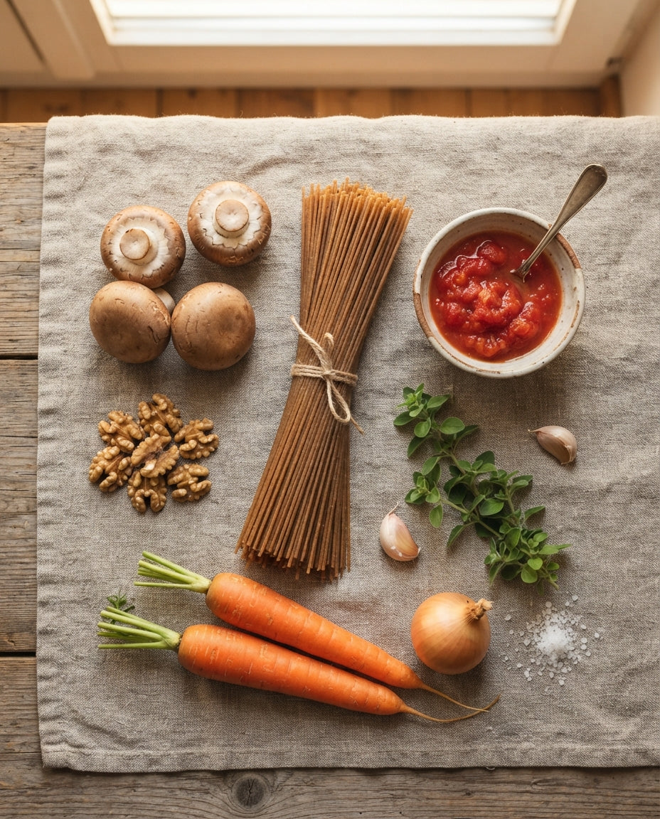 UrDinkel-Spaghetti mit Pilz-Baumnuss-Bolognese – Zutaten