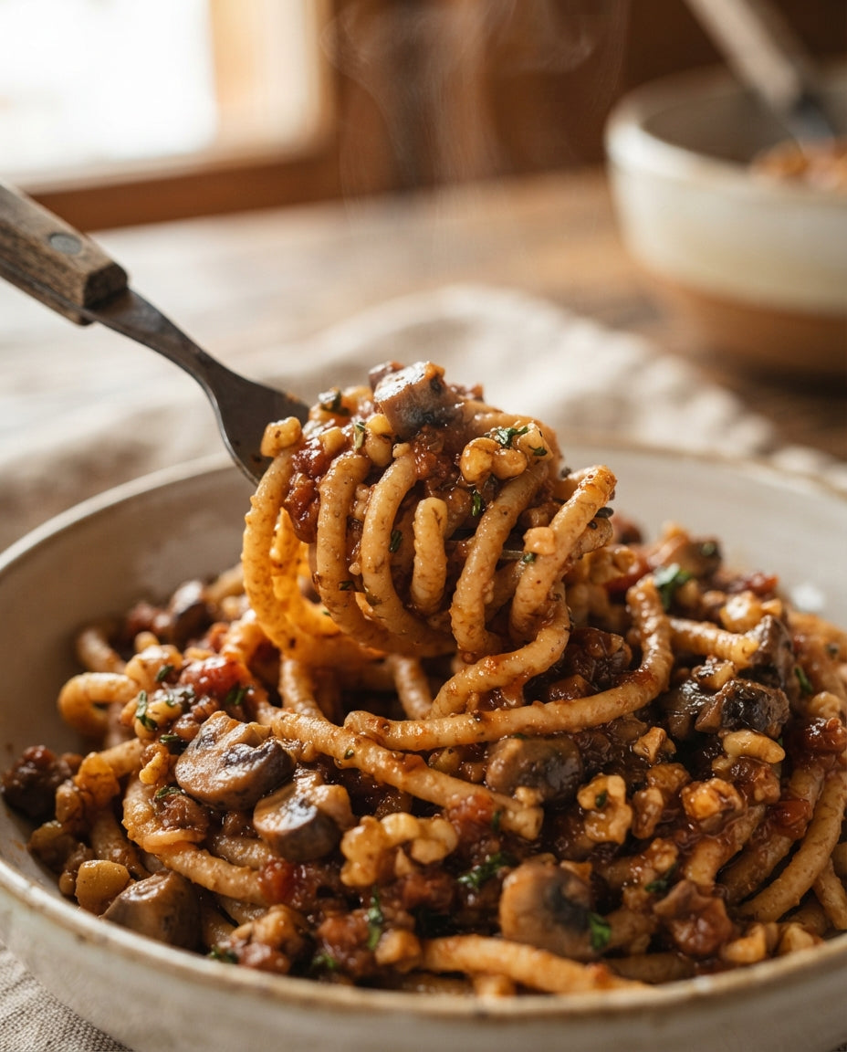 UrDinkel-Spaghetti mit Pilz-Baumnuss-Bolognese – Detailaufnahme