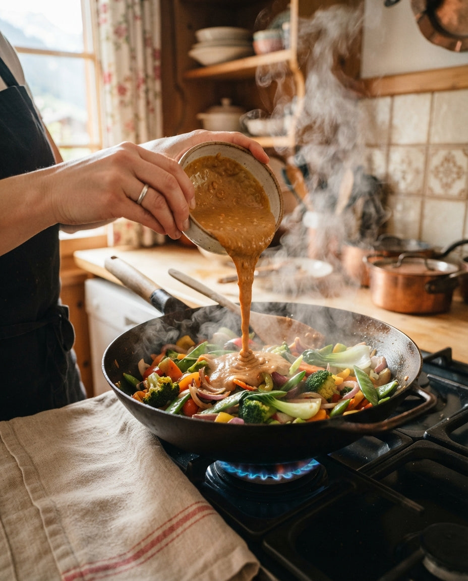 UrDinkel-Spiralen mit Erdnuss-Gemüse-Sauce – Zubereitung