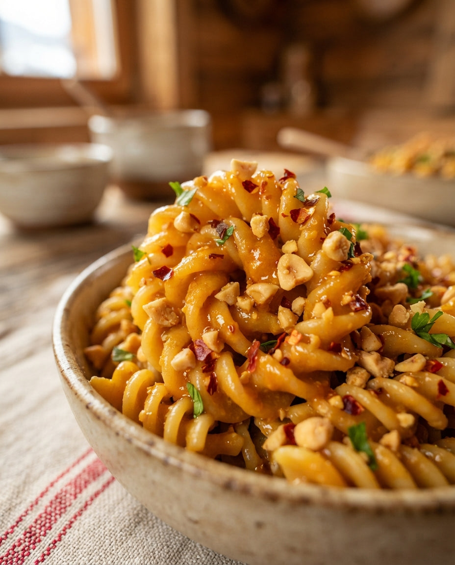 UrDinkel-Spiralen mit Erdnuss-Gemüse-Sauce – Detailaufnahme