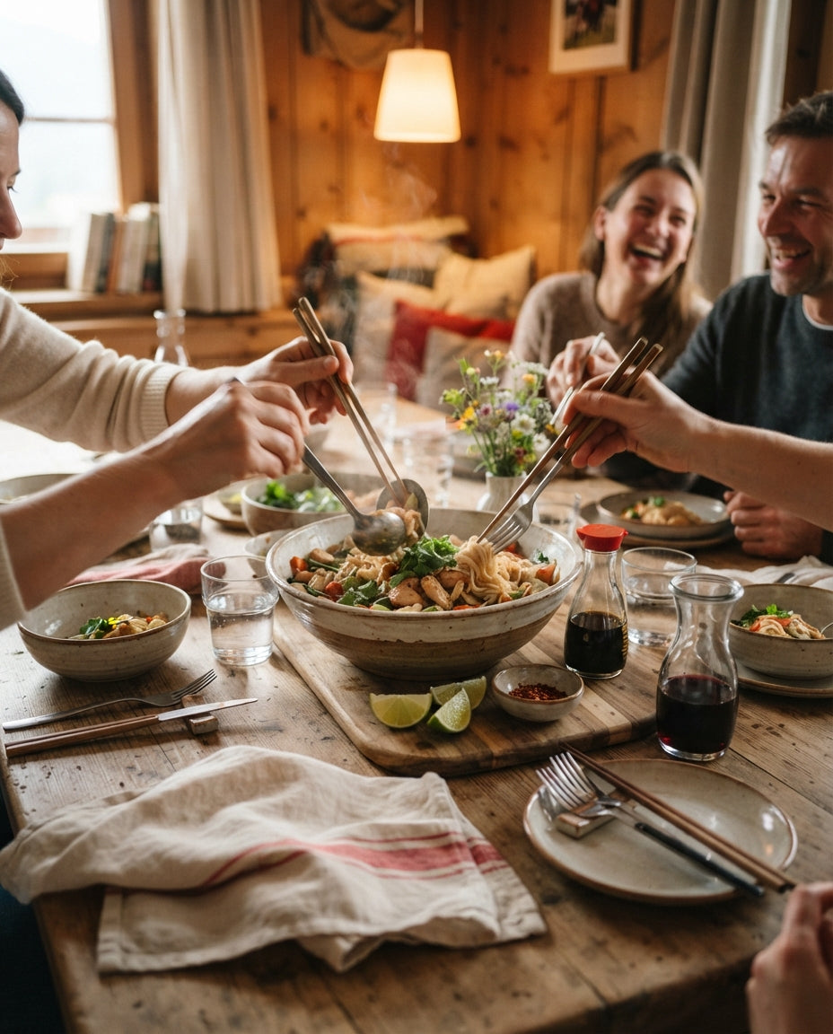 UrDinkel-Spiralen mit Erdnuss-Gemüse-Sauce – gemeinsam am Tisch