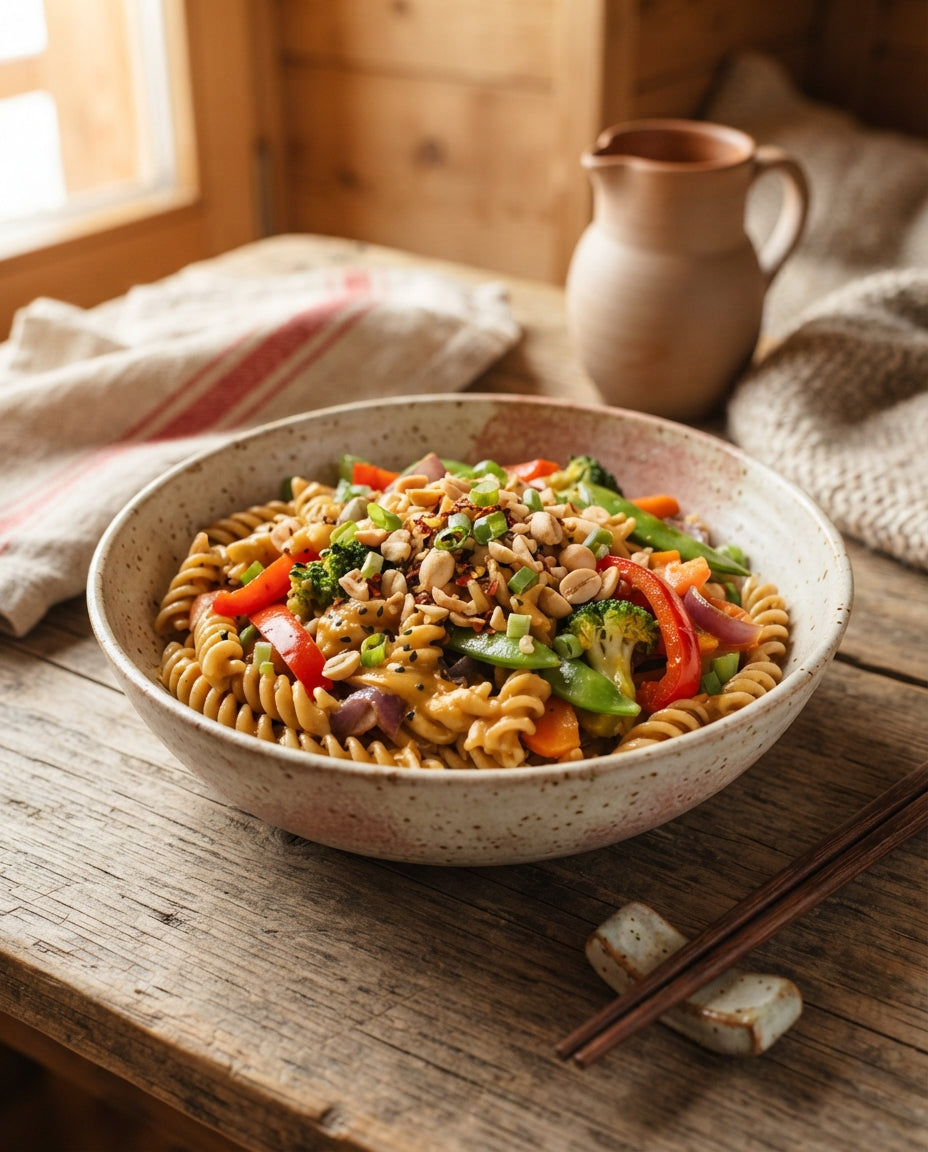Rezept: UrDinkel-Spiralen mit Erdnuss-Gemüse-Sauce