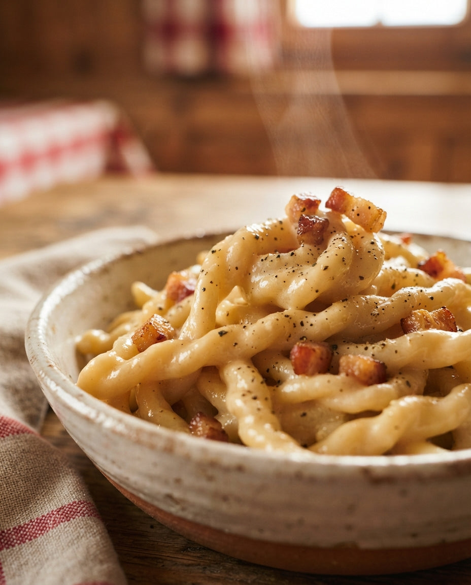 Zöpfli-Carbonara mit Schweizer Speck – Detailaufnahme
