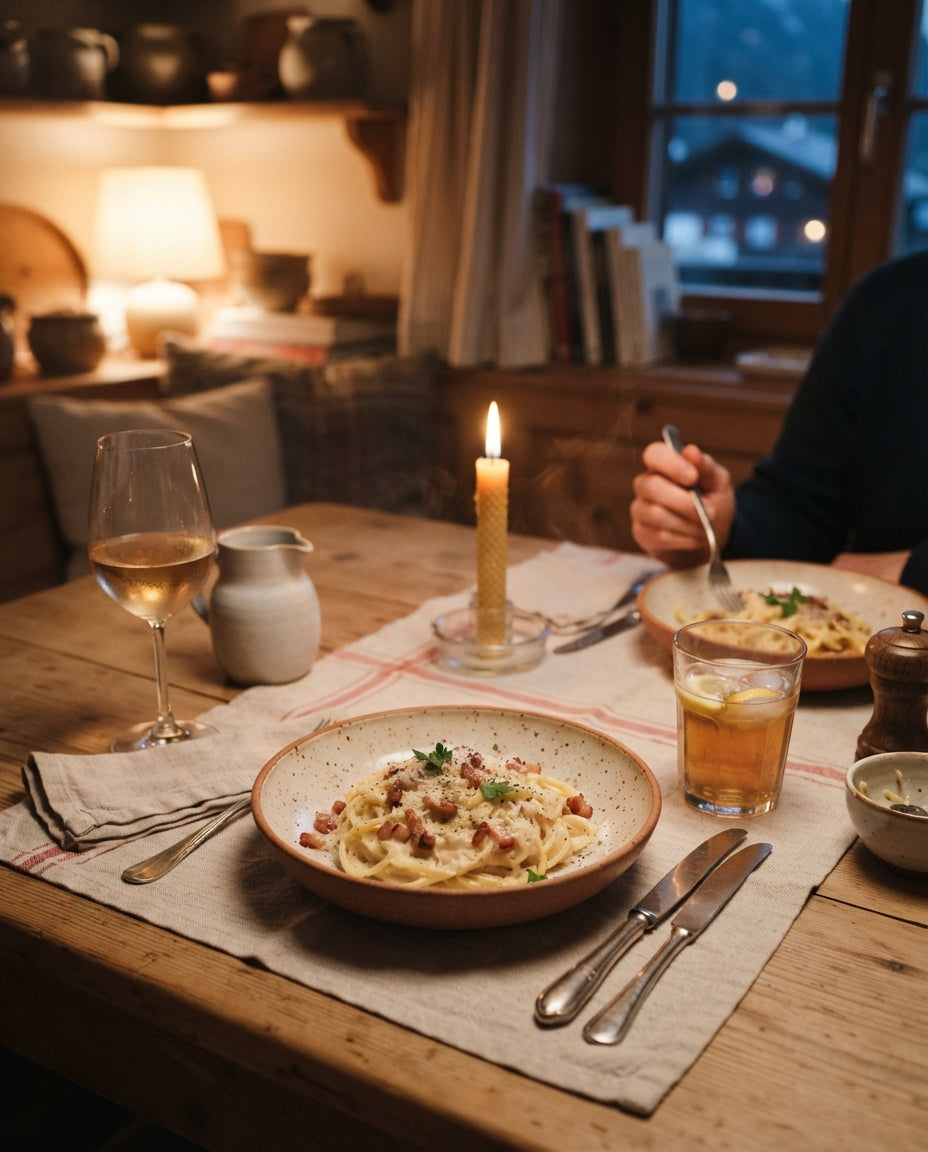 Zöpfli-Carbonara mit Schweizer Speck – gemeinsam am Tisch