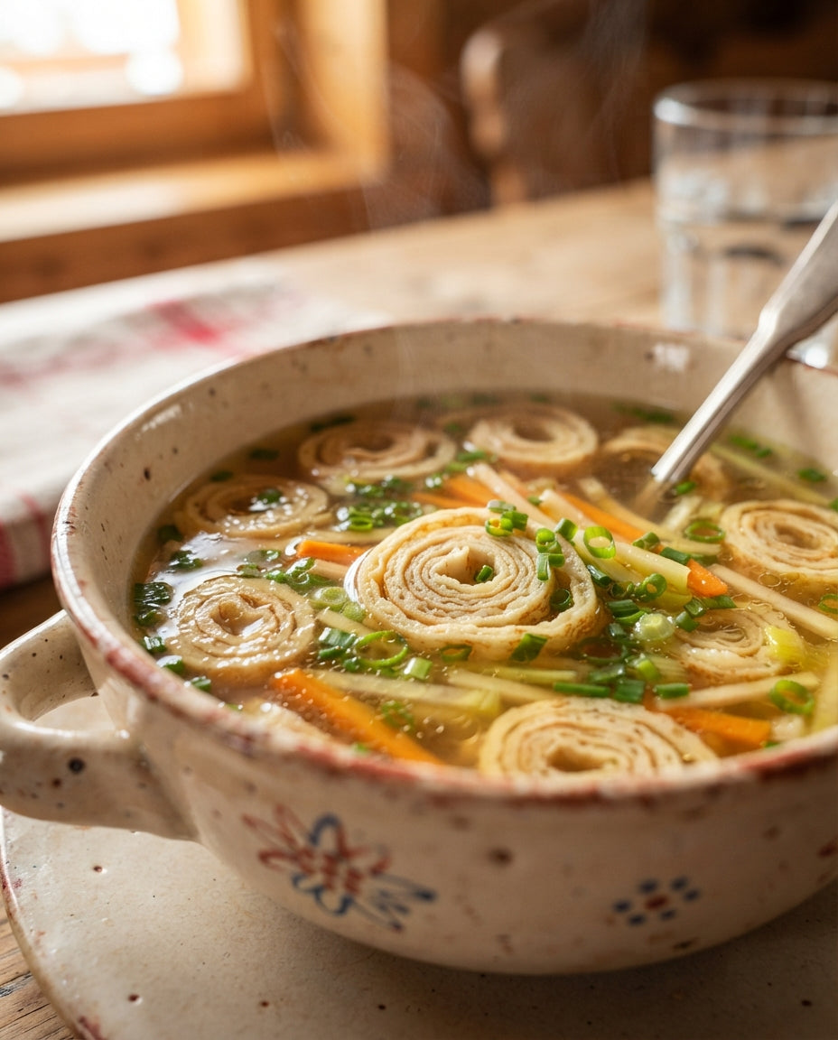 Goldene Flädlisuppe wie im Bergrestaurant – Detailaufnahme