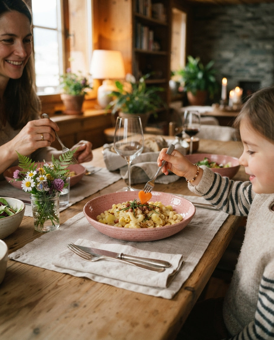 Herzli in rosa Randensauce – gemeinsam am Tisch