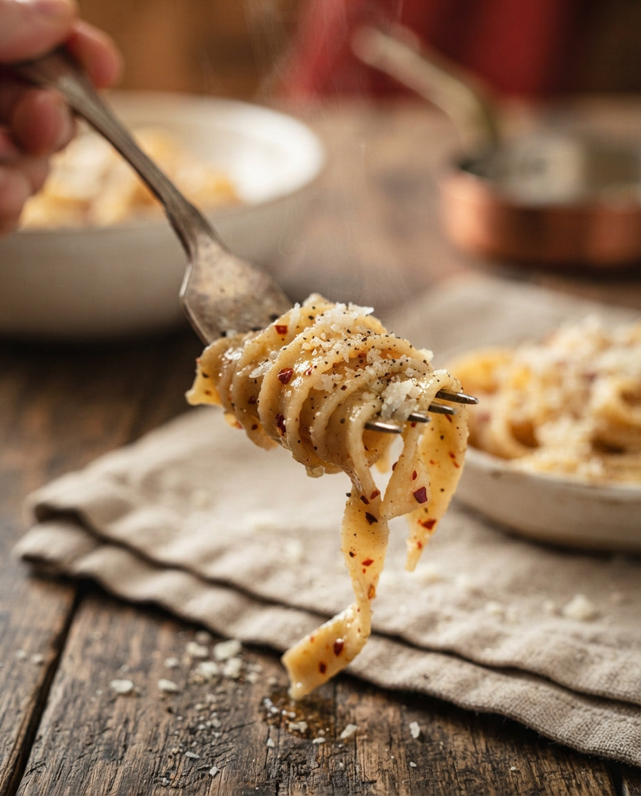 Chili-Tagliatelle mit Knoblauch und Zitrone – Detailaufnahme