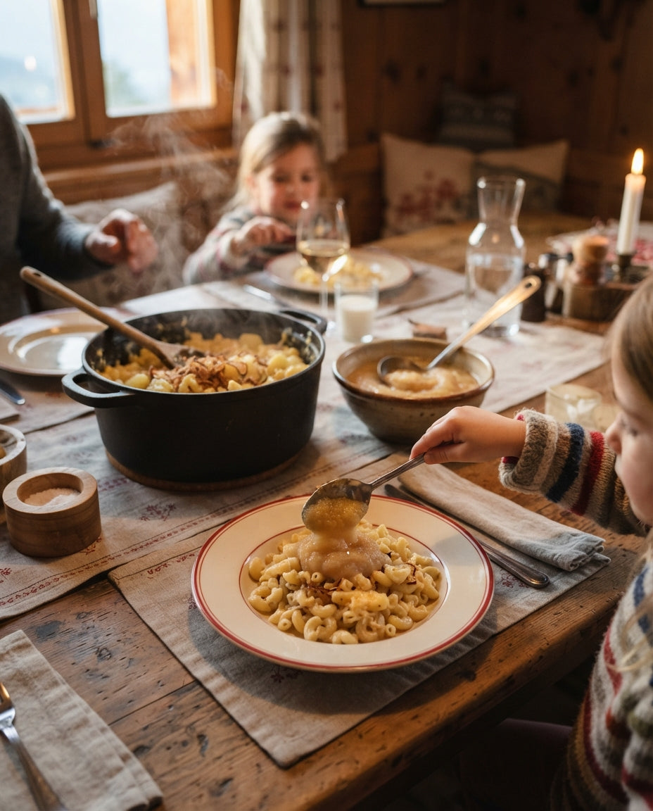 Ghackets mit Hörnli – de Klassiker, e chli fäiner – gemeinsam am Tisch