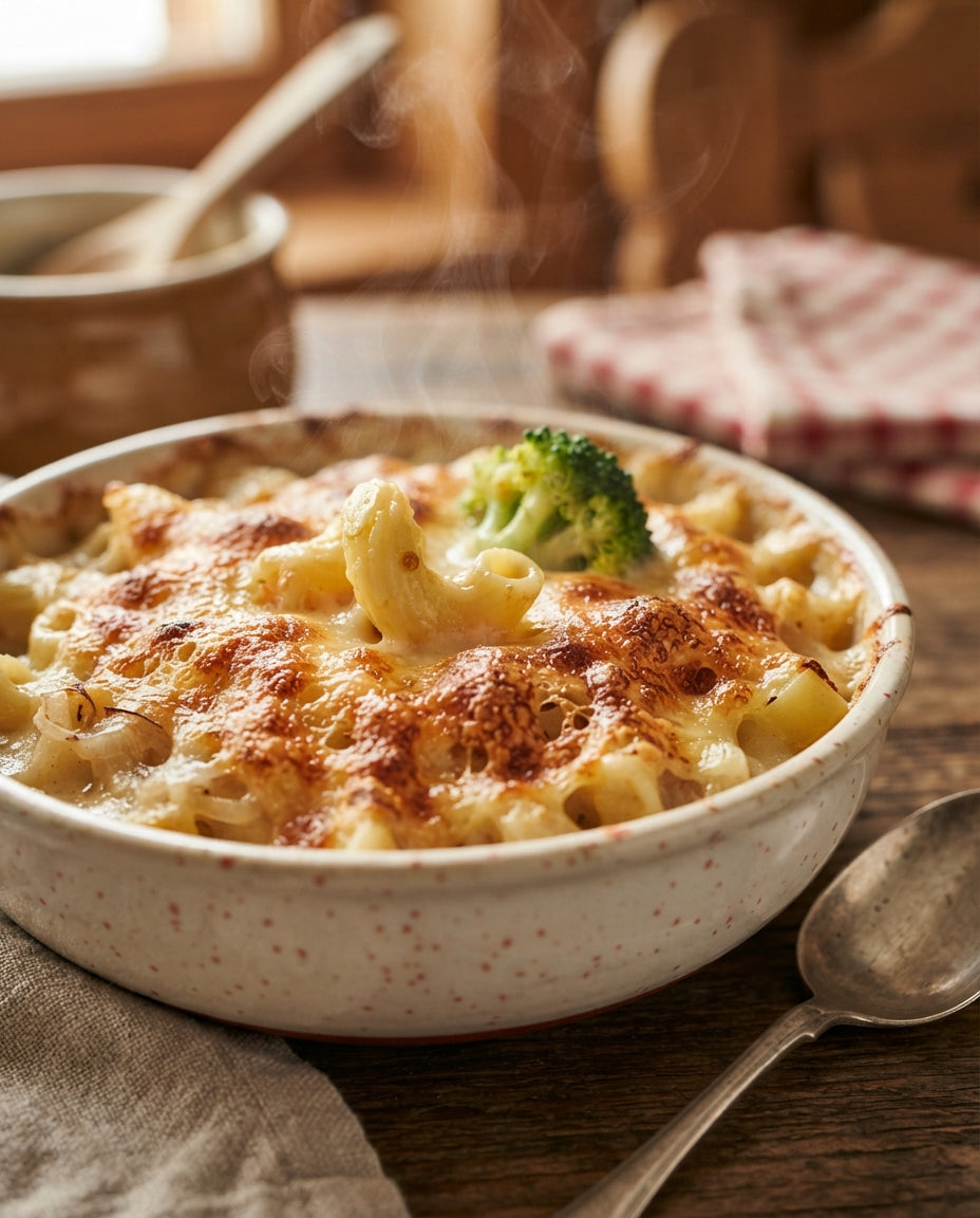 Bio-Hörnli-Gratin mit Broccoli & Doppelchäs – Detailaufnahme