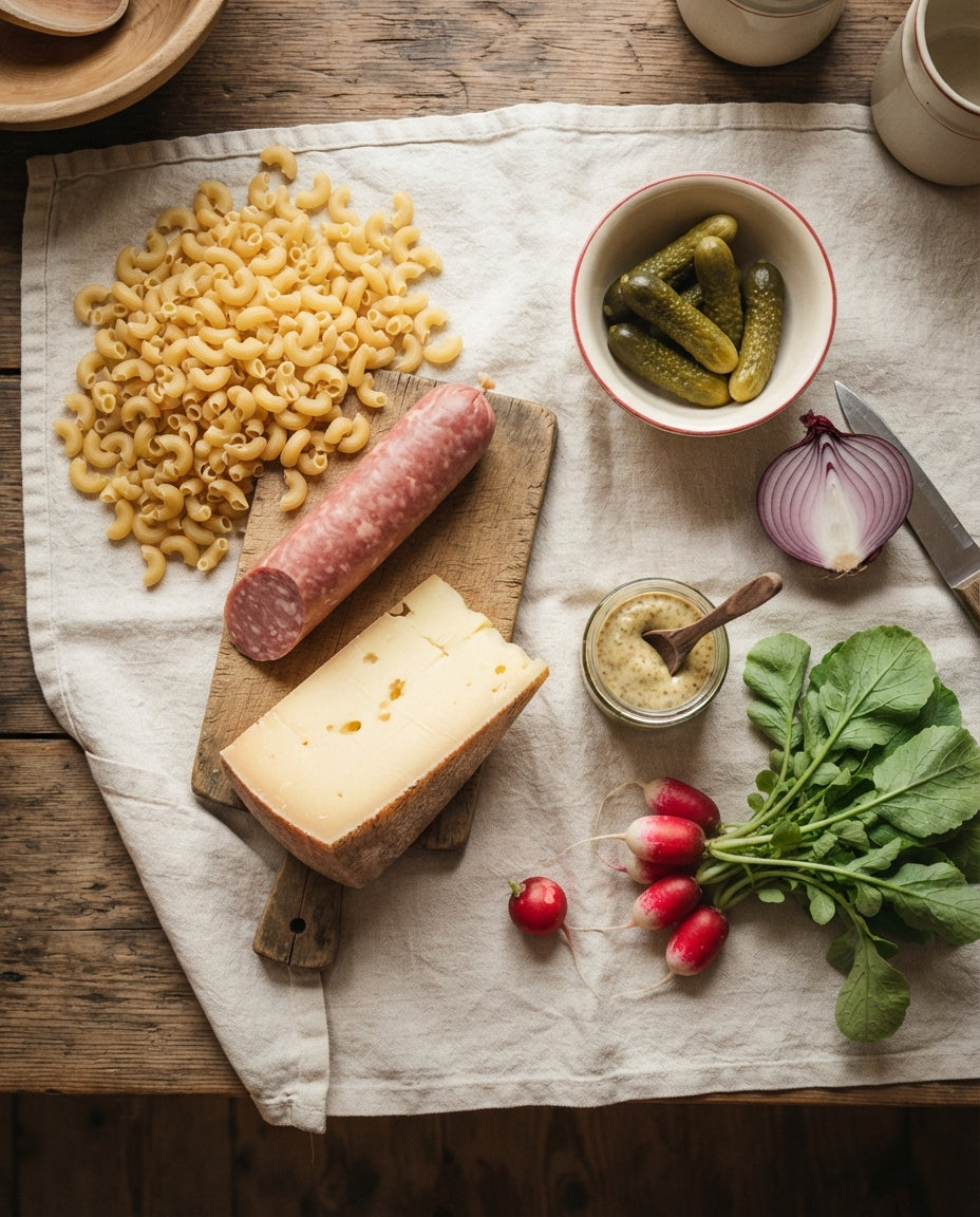 Lauwarmer Hörnli-Salat mit Cervelat & Bergkäse – Zutaten