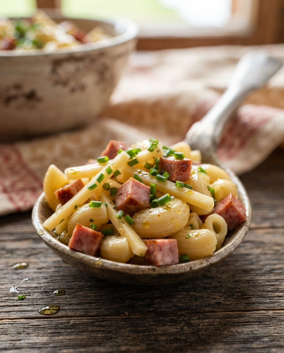Lauwarmer Hörnli-Salat mit Cervelat & Bergkäse – Detailaufnahme
