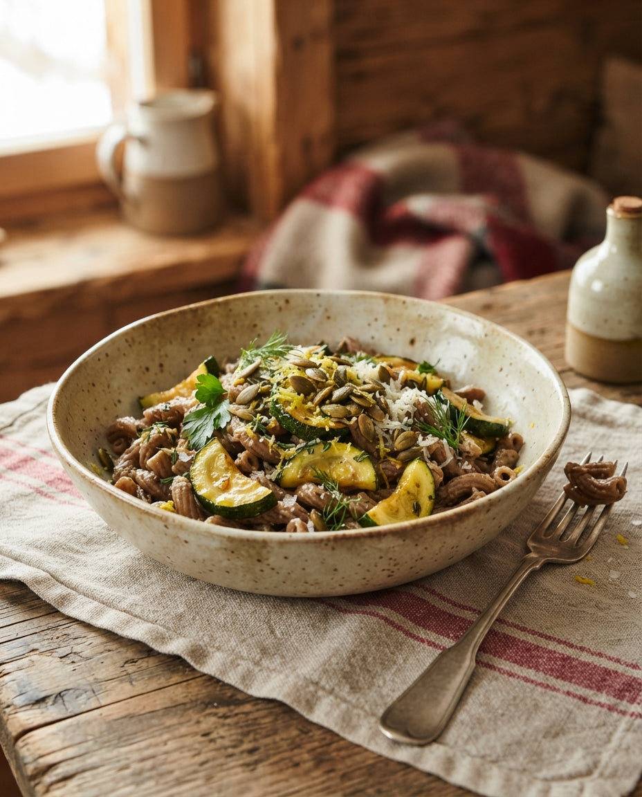 Rezept: UrDinkel-Hörnli-Pfanne mit Zucchetti & Zitrone
