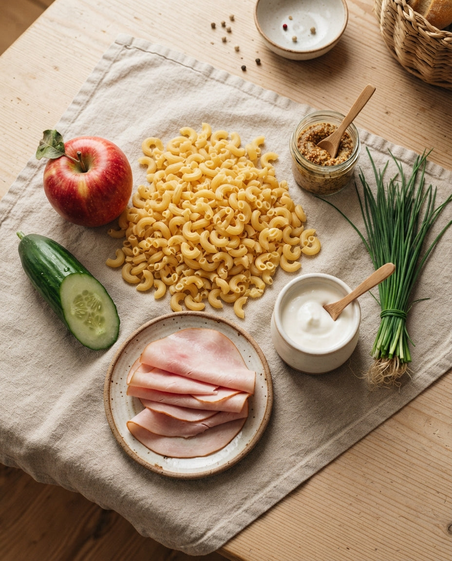 Bunter Hörnlisalat mit Apfel und Schinken – Zutaten