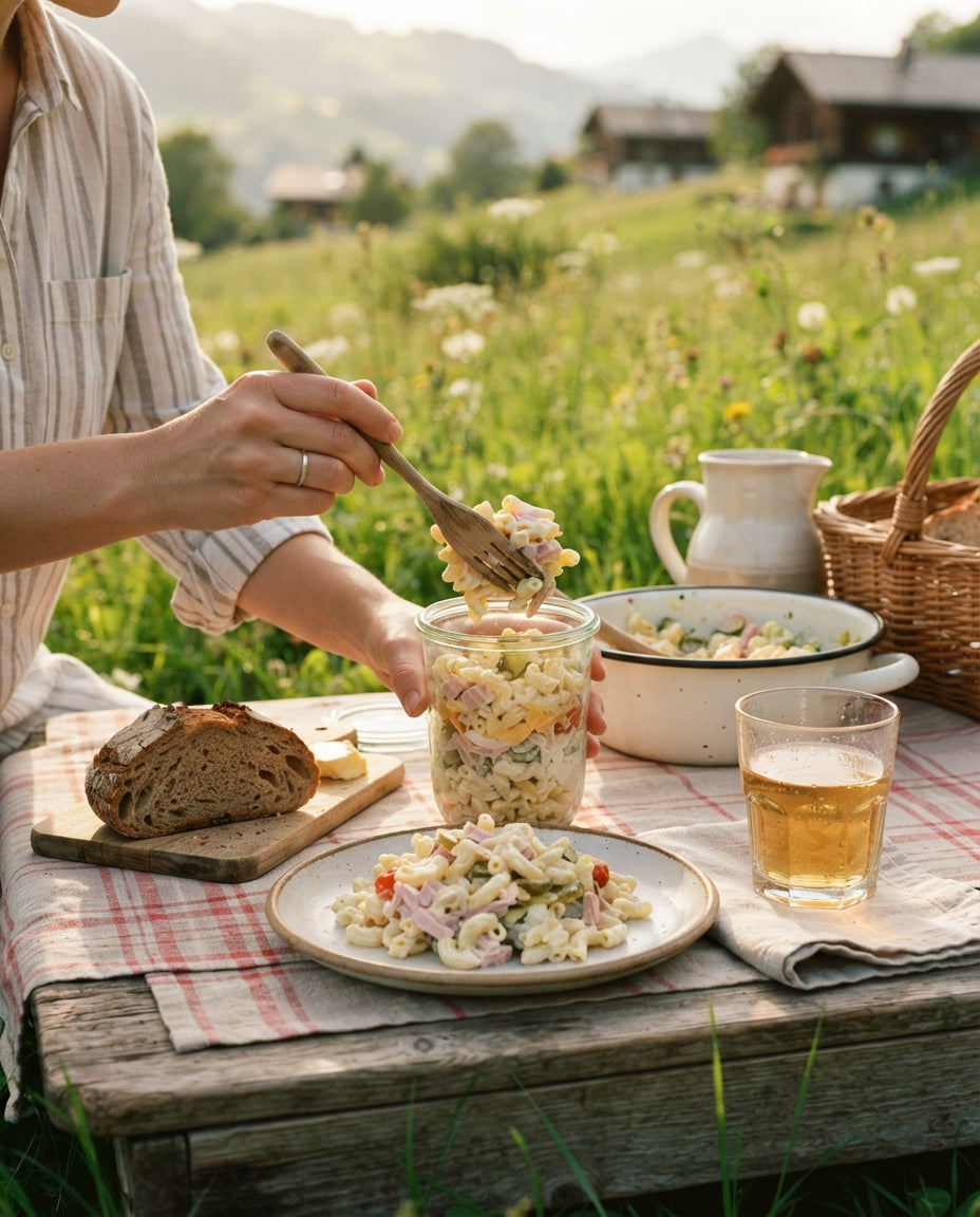 Bunter Hörnlisalat mit Apfel und Schinken – gemeinsam am Tisch