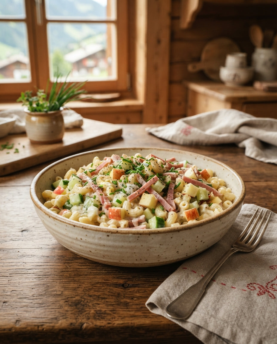 Rezept: Bunter Hörnlisalat mit Apfel und Schinken