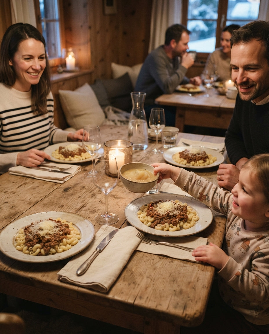 Ghackets mit Hörnli und Apfelmus-Wirbel – gemeinsam am Tisch