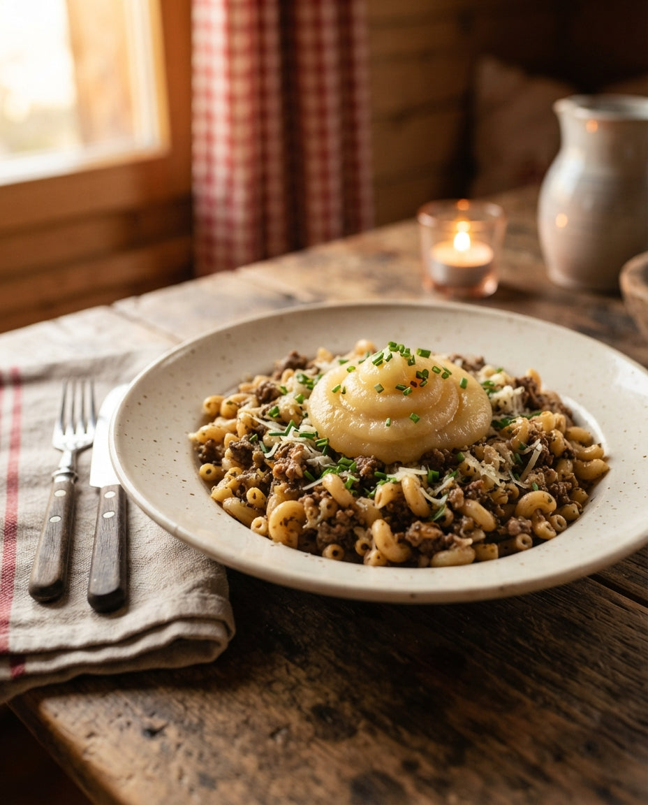 Rezept: Ghackets mit Hörnli und Apfelmus-Wirbel