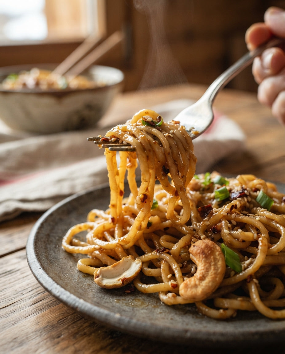 Nitchines-Wok mit Poulet, Cashews & Honig-Soja – Detailaufnahme