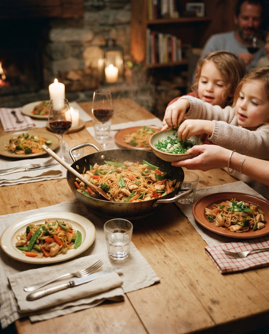 Nitchines-Wok mit Poulet, Cashews & Honig-Soja – gemeinsam am Tisch