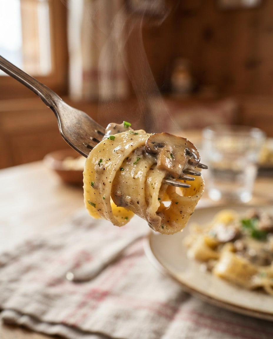 Nouilles mit Pilz-Rahm-Geschnetzeltem – Detailaufnahme