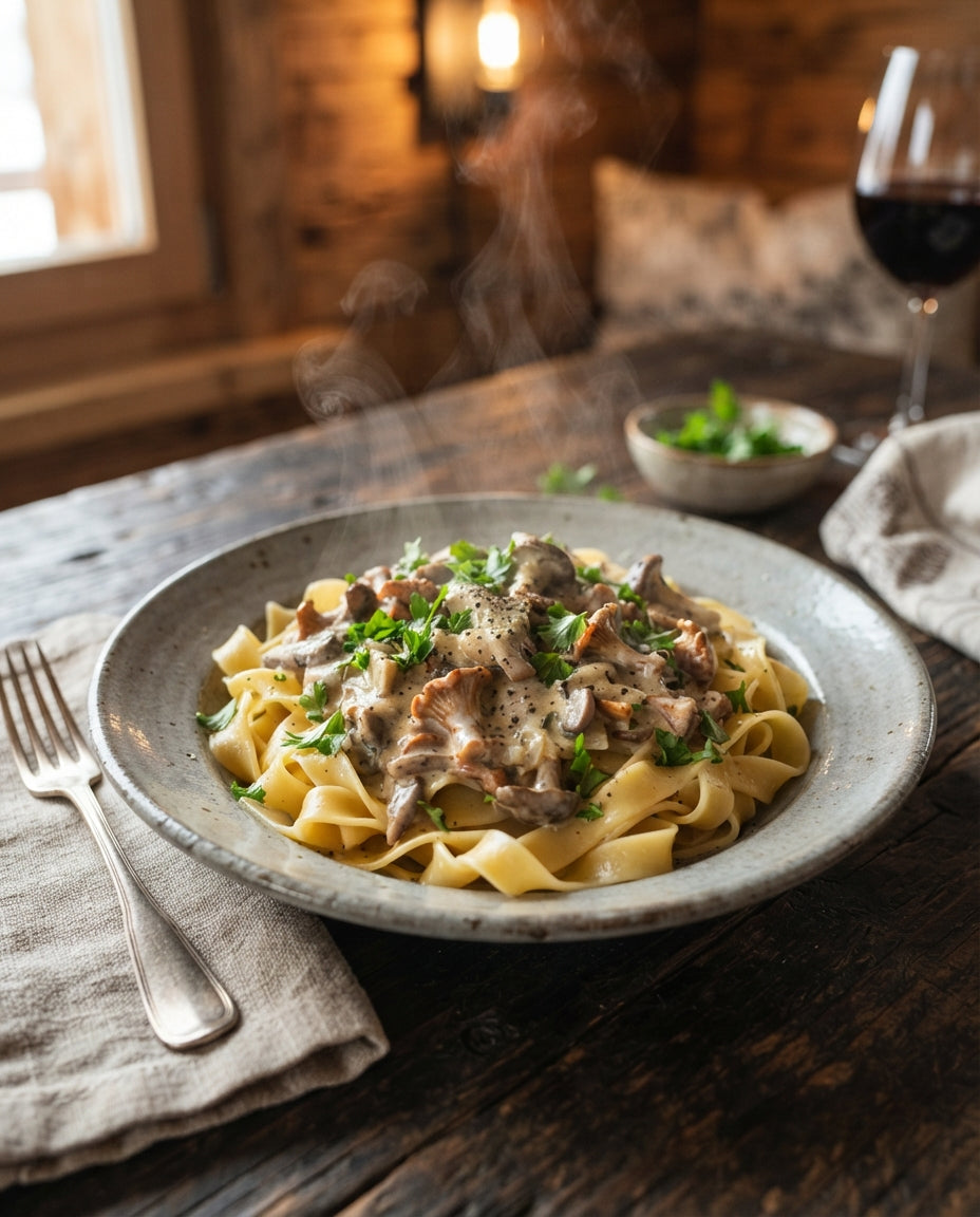 Rezept: Nouilles mit Pilz-Rahm-Geschnetzeltem