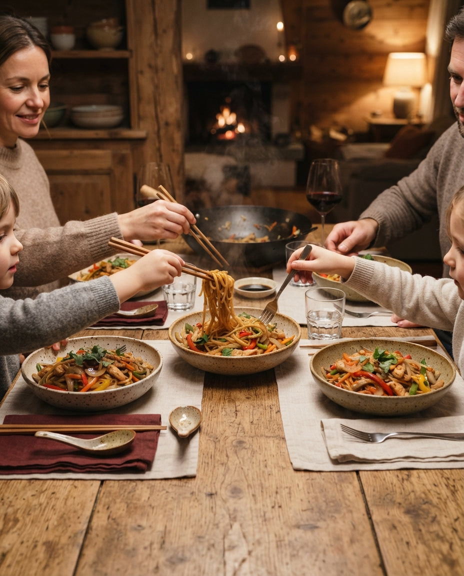 Flotte Wok-Nouillettes mit Knackgemüse & Sesam – gemeinsam am Tisch