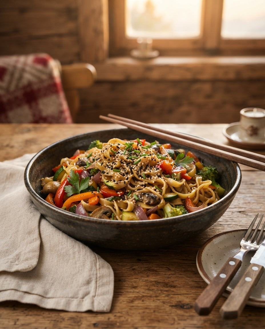 Rezept: Flotte Wok-Nouillettes mit Knackgemüse & Sesam