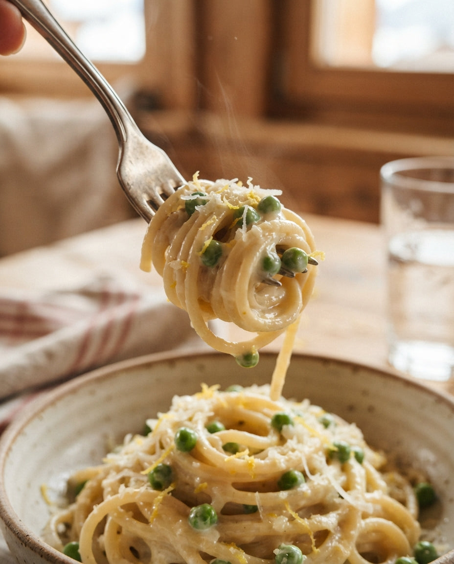 Zitronen-Rahm-Spaghettini mit Erbsli & Sbrinz – Detailaufnahme