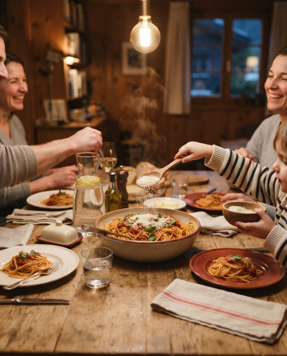 Zitronen-Rahm-Spaghettini mit Erbsli & Sbrinz – gemeinsam am Tisch