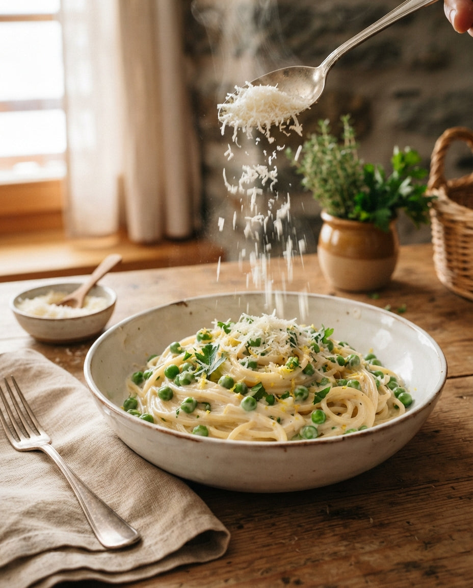 Rezept: Zitronen-Rahm-Spaghettini mit Erbsli & Sbrinz