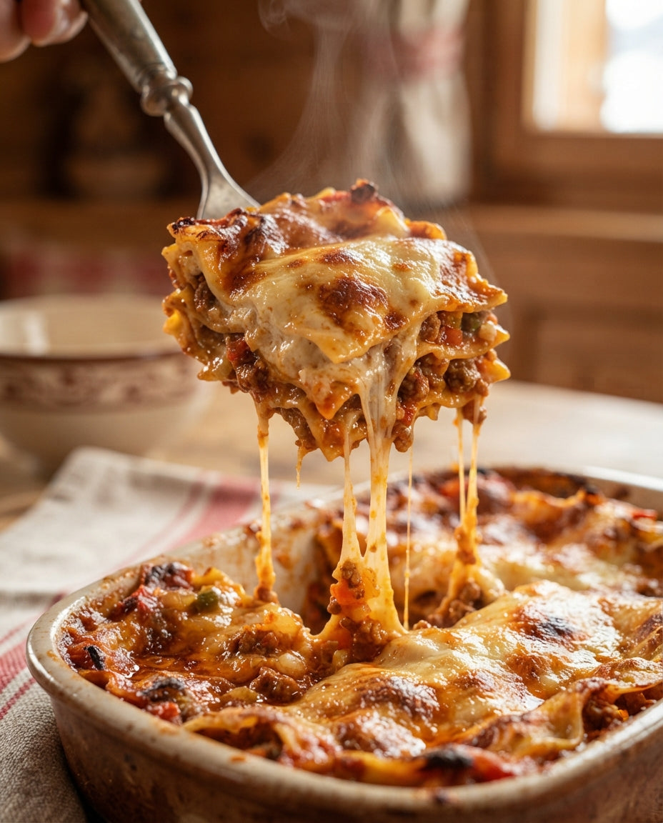 Familien-Lasagne mit flotter Bolognese – Detailaufnahme