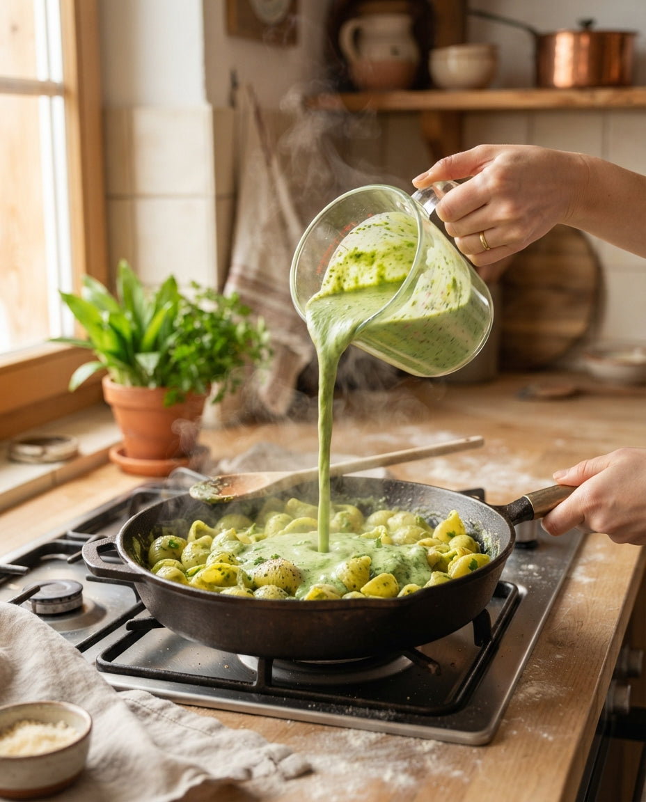 Lumaconi mit cremiger Spinat-Cashew-Sauce – Zubereitung