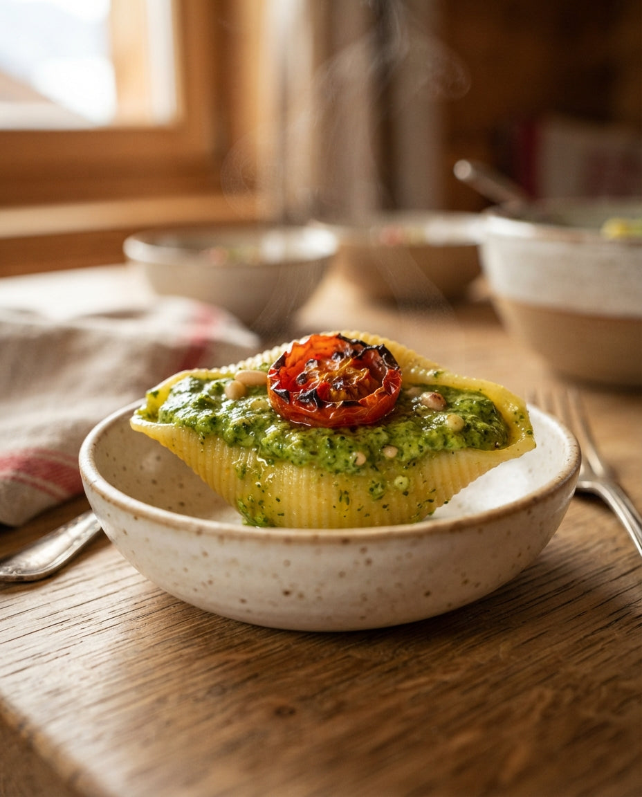 Lumaconi mit cremiger Spinat-Cashew-Sauce – Detailaufnahme