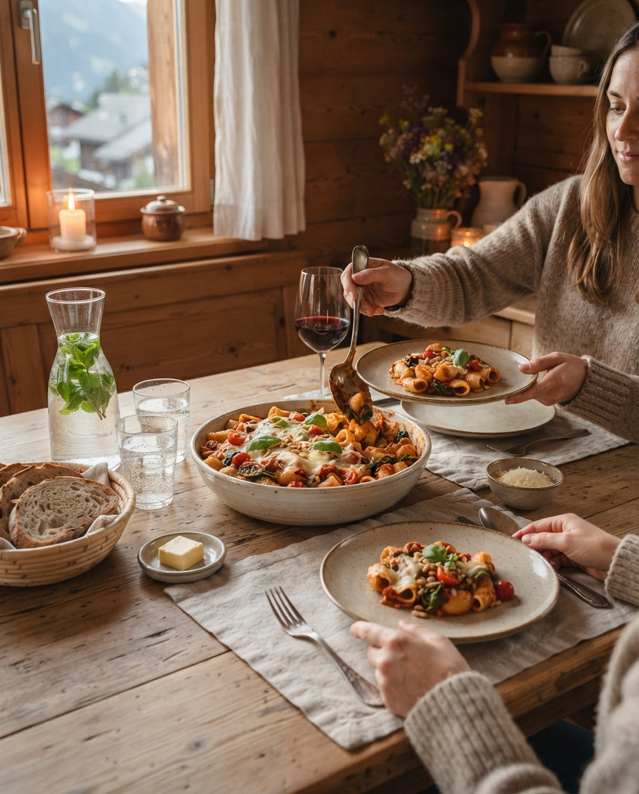 Lumaconi mit cremiger Spinat-Cashew-Sauce – gemeinsam am Tisch