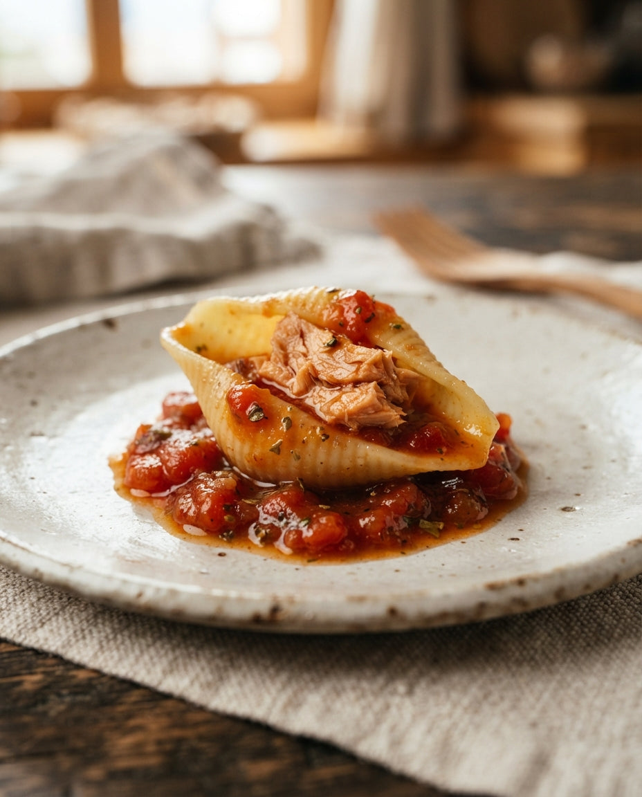 Müscheli mit Thon-Tomaten-Sugo – Detailaufnahme