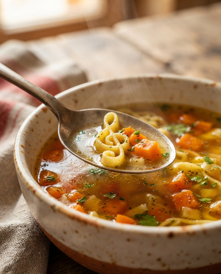 Suppenkonzert – Minestrone mit Musik-Teigwaren – Detailaufnahme