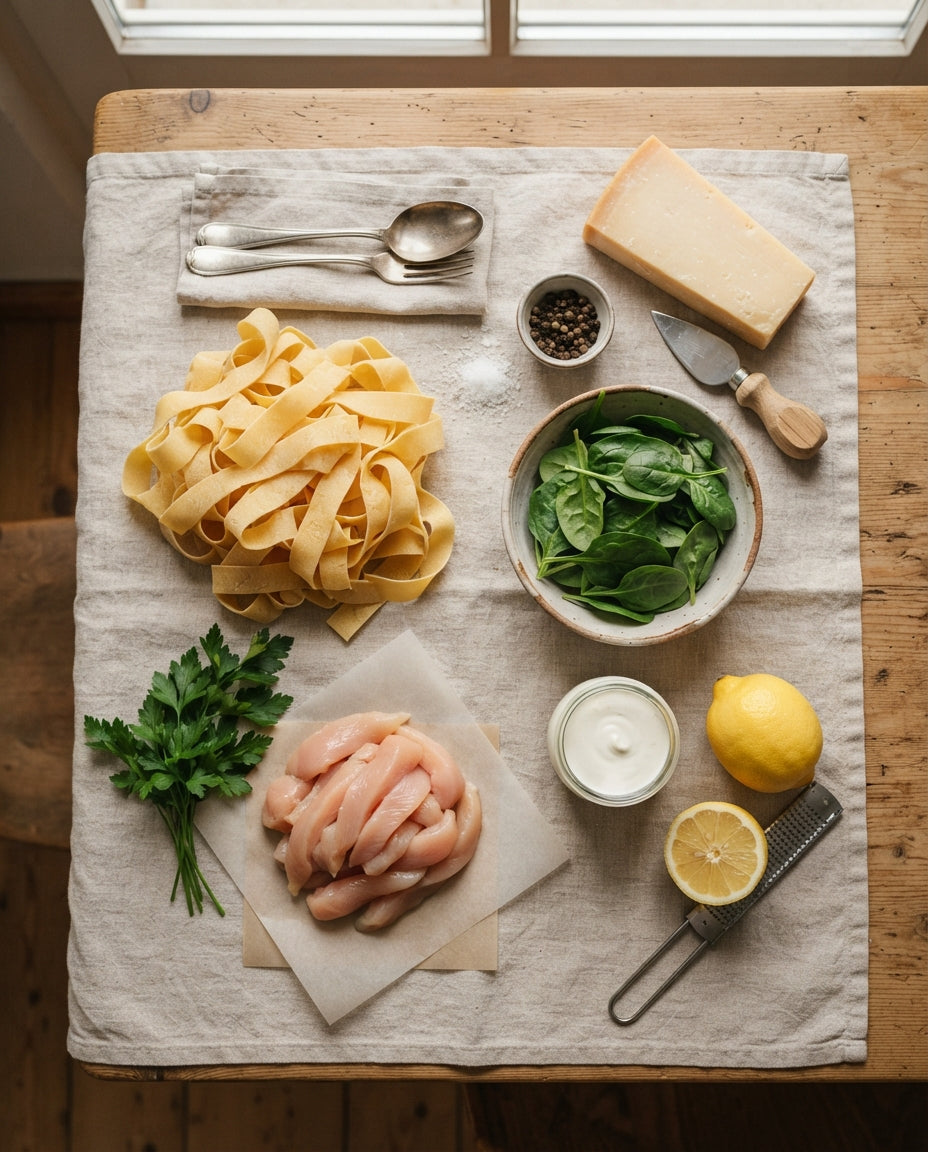 Breite Nudeln mit Zitronen-Poulet und Spinat – Zutaten